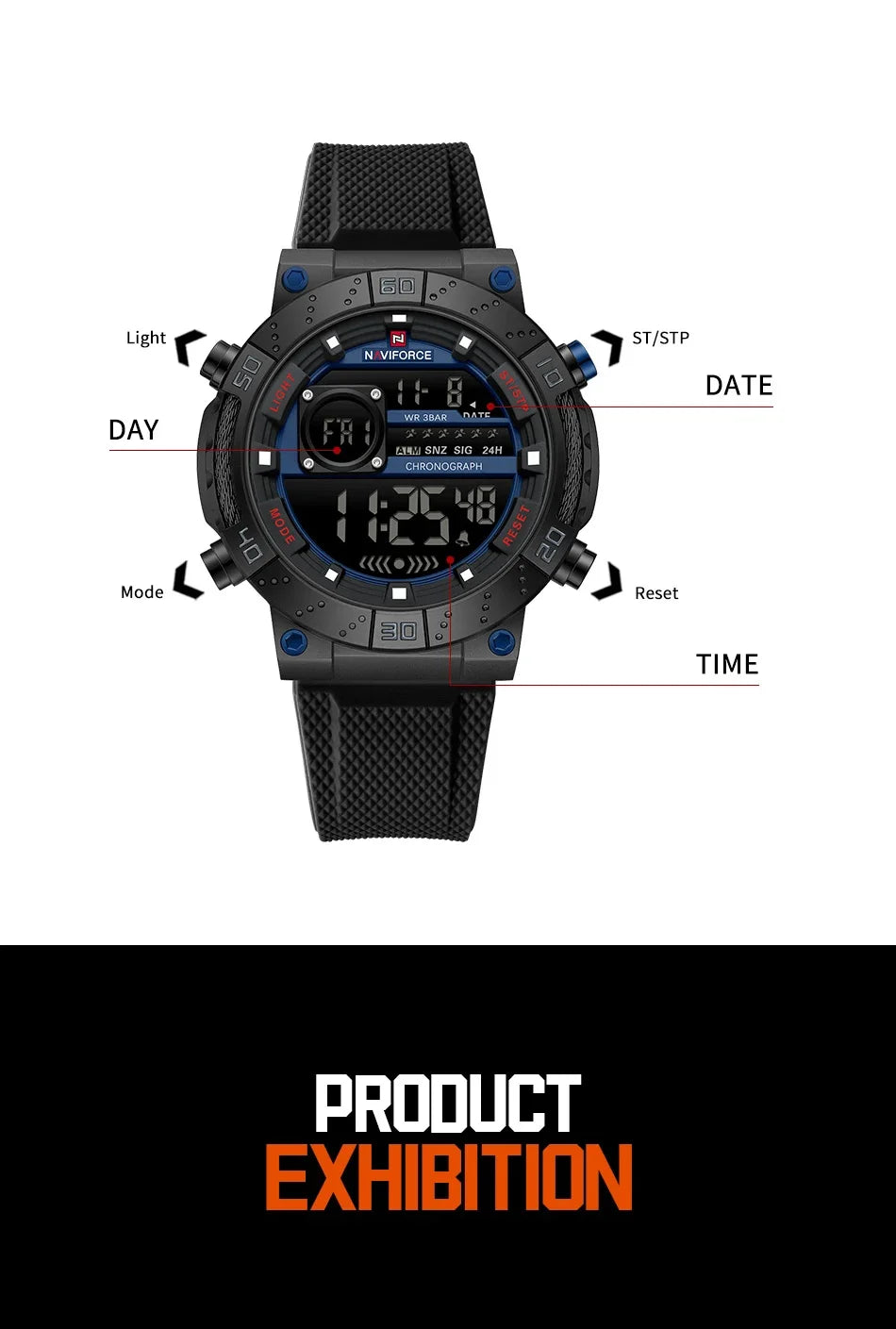 Reloj Naviforce NAVIFORCE NF9241T Reloj deportivo informal con pantalla luminosa, cronógrafo, reloj Digital resistente al agua