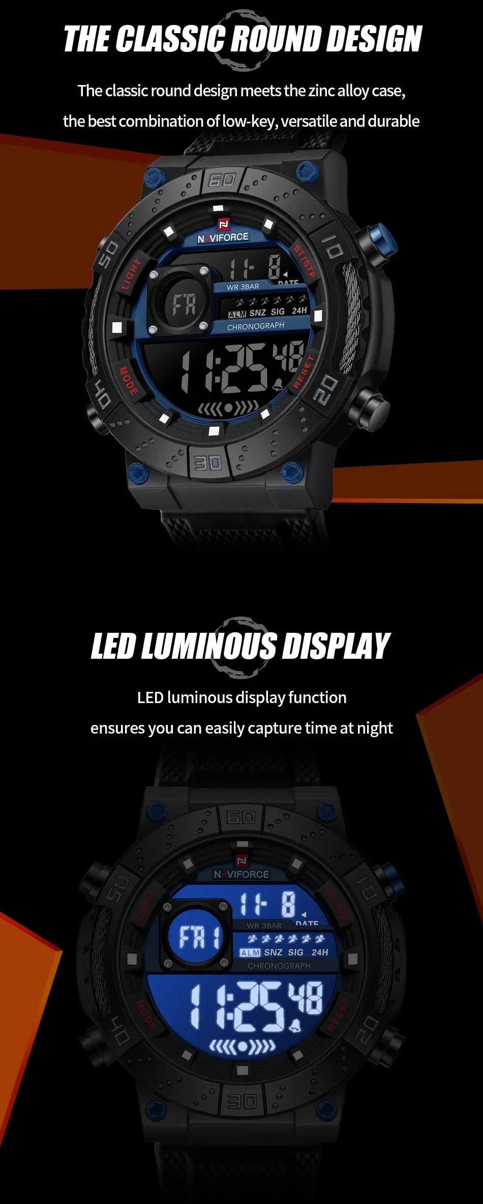 Reloj Naviforce NAVIFORCE NF9241T Reloj deportivo informal con pantalla luminosa, cronógrafo, reloj Digital resistente al agua